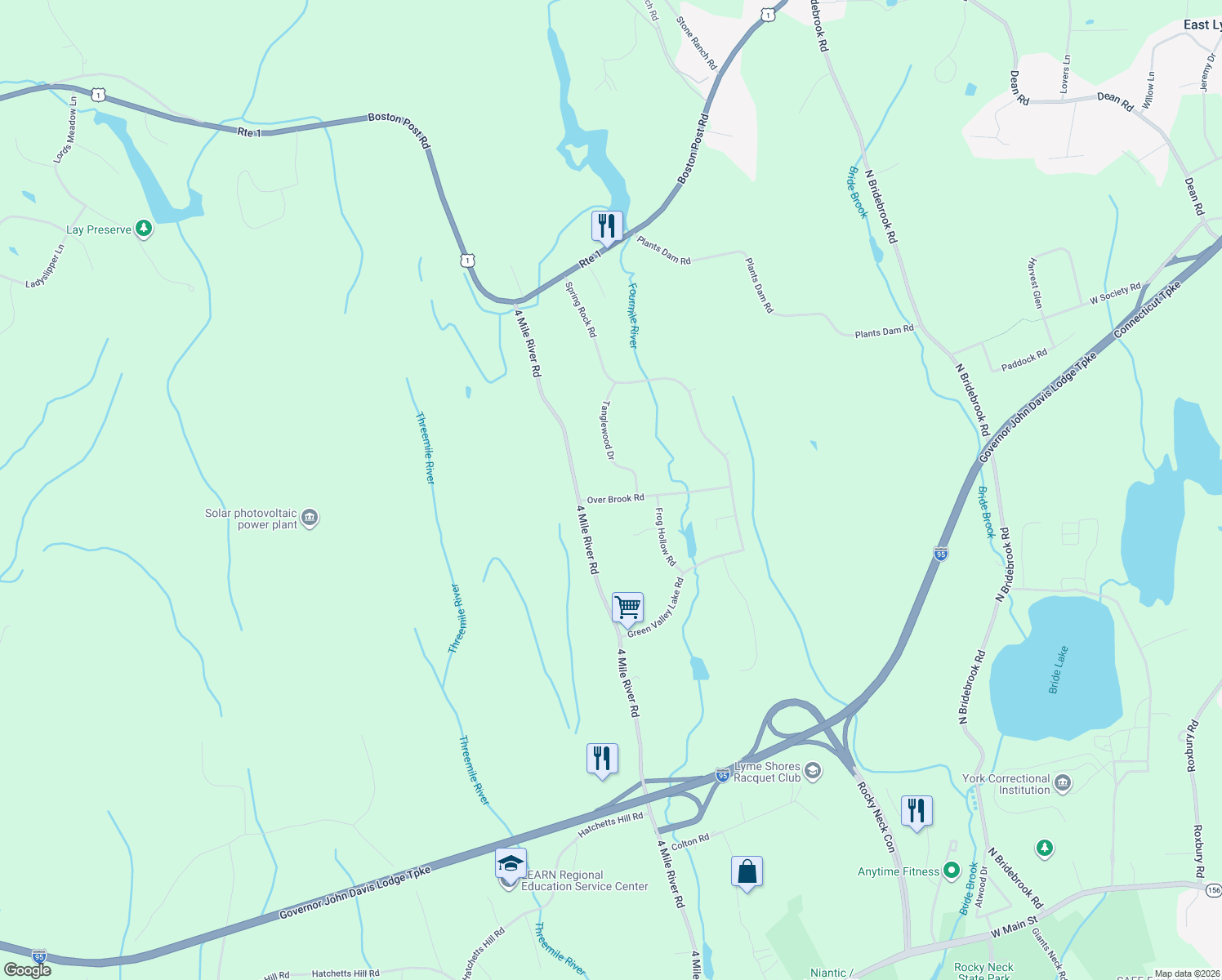 map of restaurants, bars, coffee shops, grocery stores, and more near 4 Over Brook Road in East Lyme