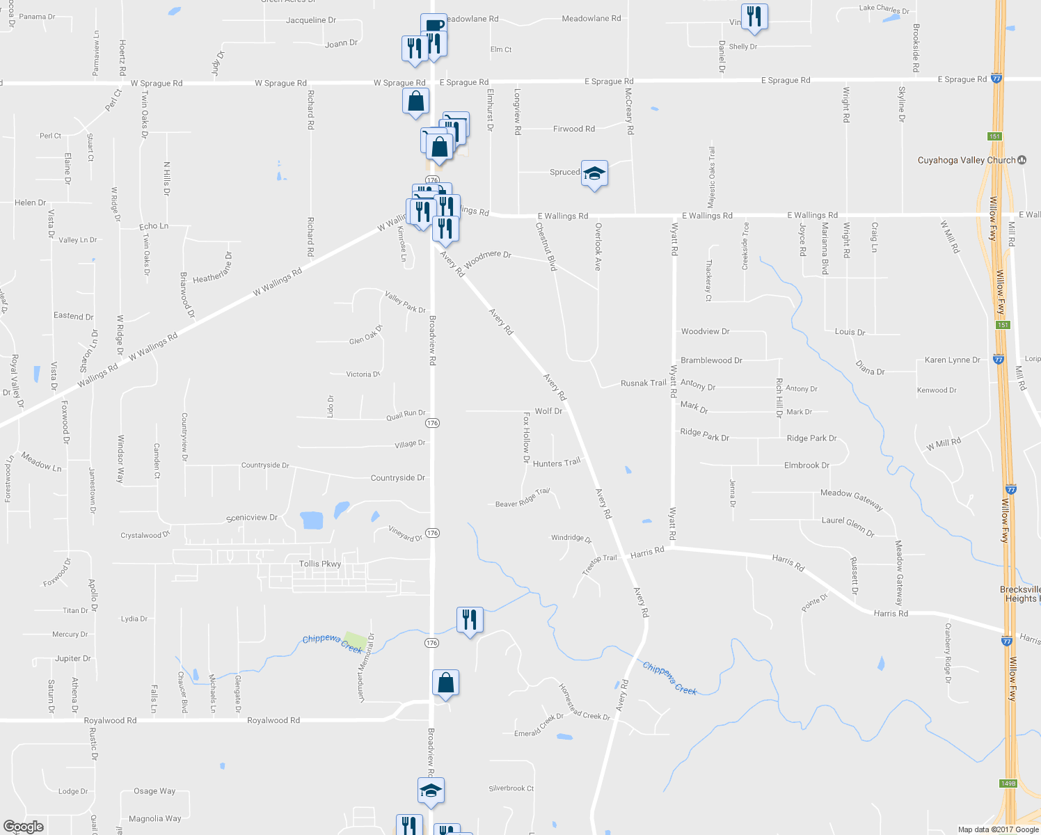 map of restaurants, bars, coffee shops, grocery stores, and more near 8470 Fox Hollow Drive in Broadview Heights