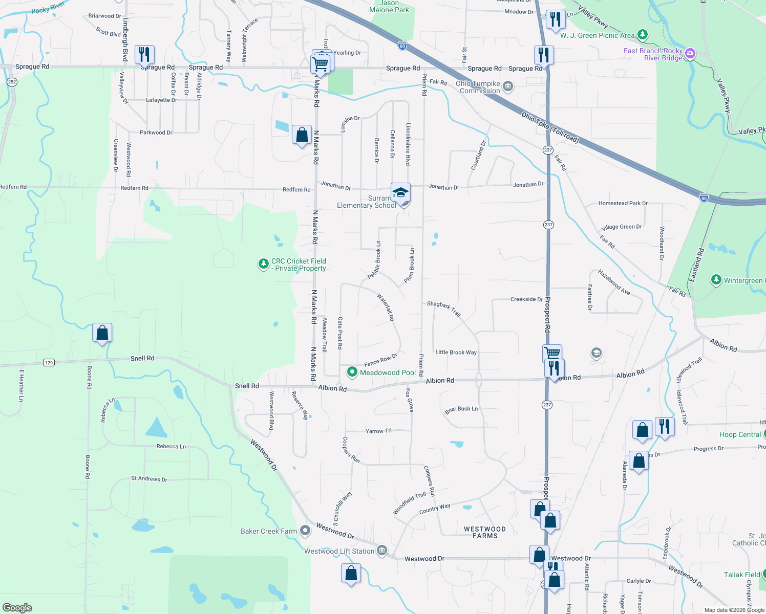map of restaurants, bars, coffee shops, grocery stores, and more near 10770 Waterfall Road in Strongsville