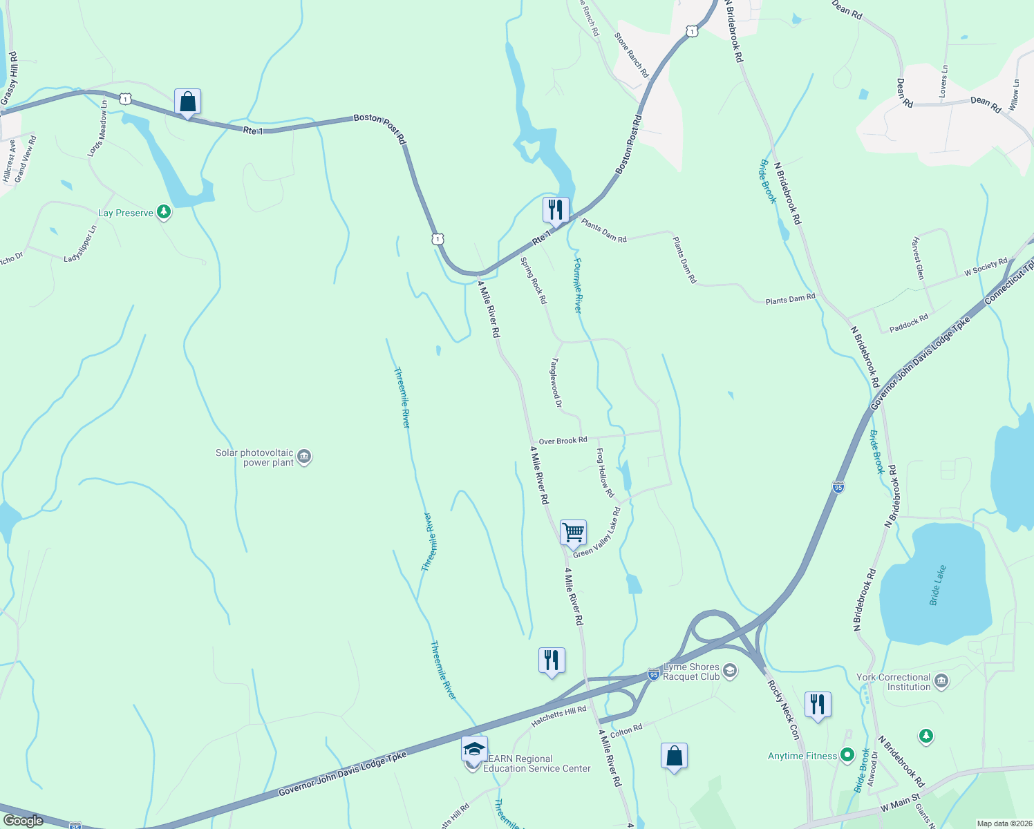 map of restaurants, bars, coffee shops, grocery stores, and more near 156 4 Mile River Road in Old Lyme