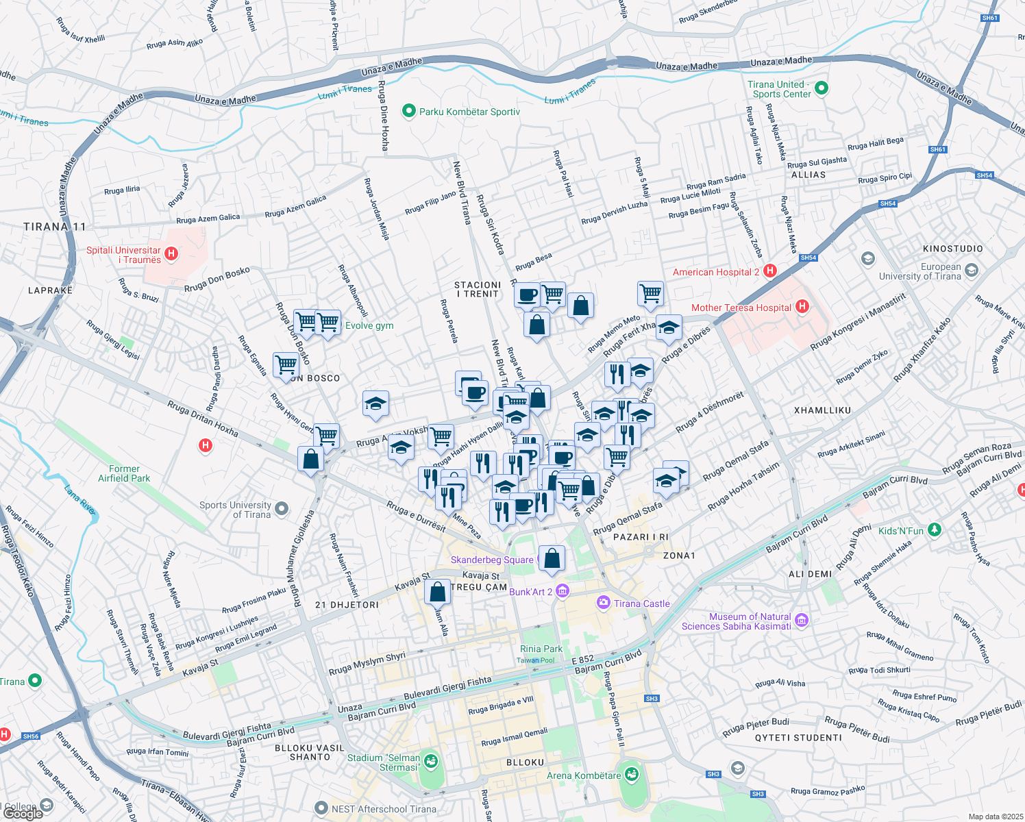 map of restaurants, bars, coffee shops, grocery stores, and more near Rruga Reshit Petrela in Tirana
