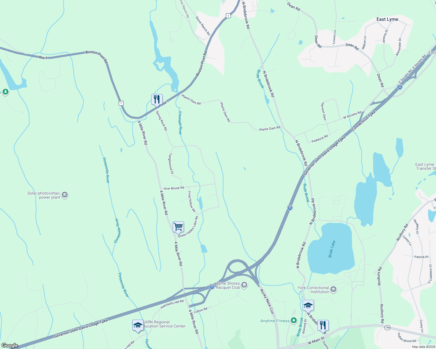 map of restaurants, bars, coffee shops, grocery stores, and more near 56 Spring Rock Rd in East Lyme
