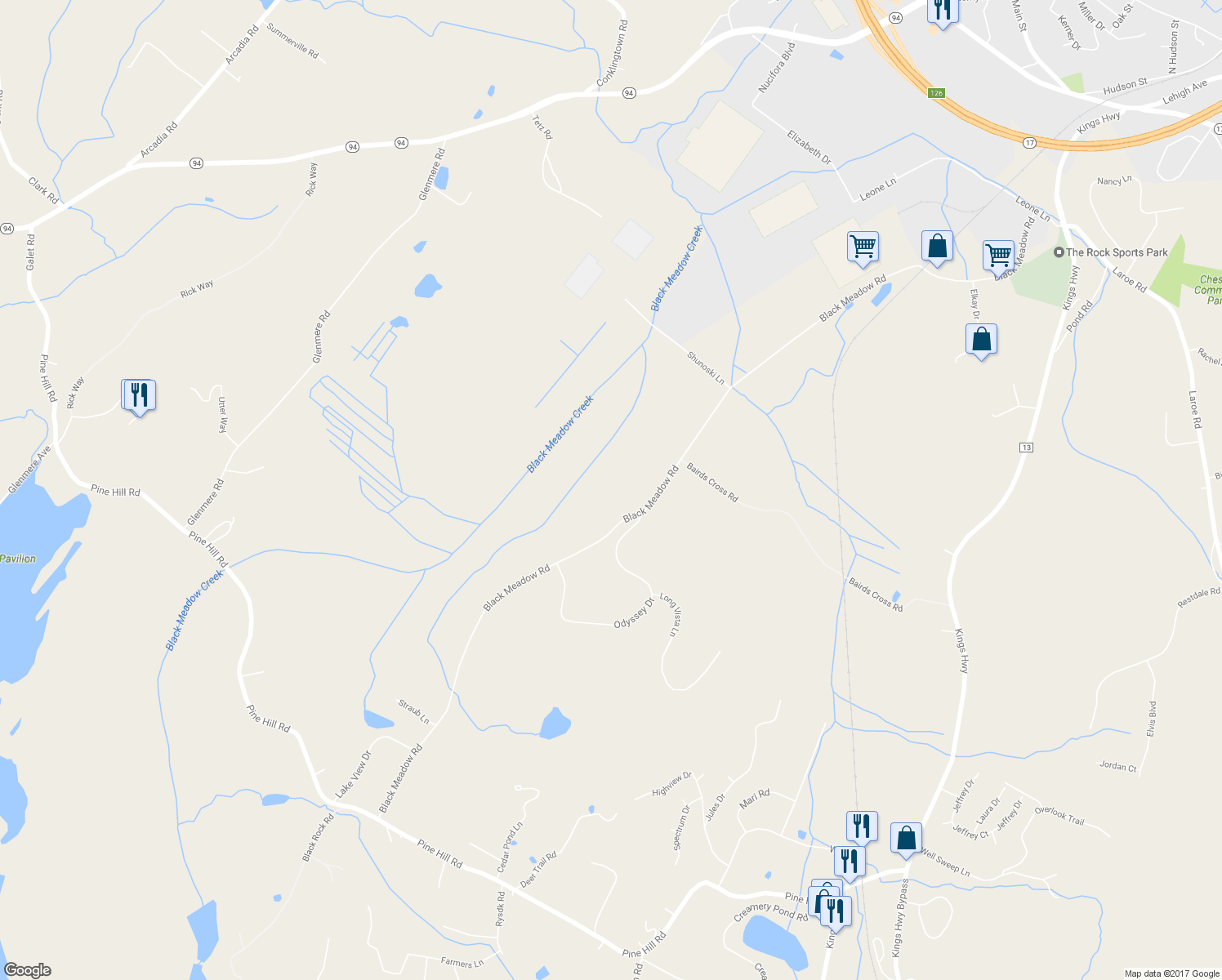 map of restaurants, bars, coffee shops, grocery stores, and more near 306 Black Meadow Road in Chester