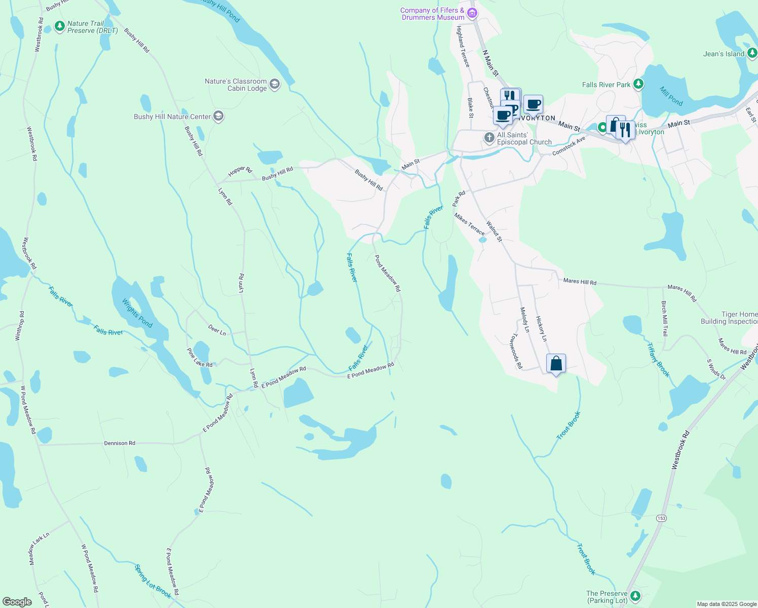 map of restaurants, bars, coffee shops, grocery stores, and more near 67 East Pond Meadow Road in Essex