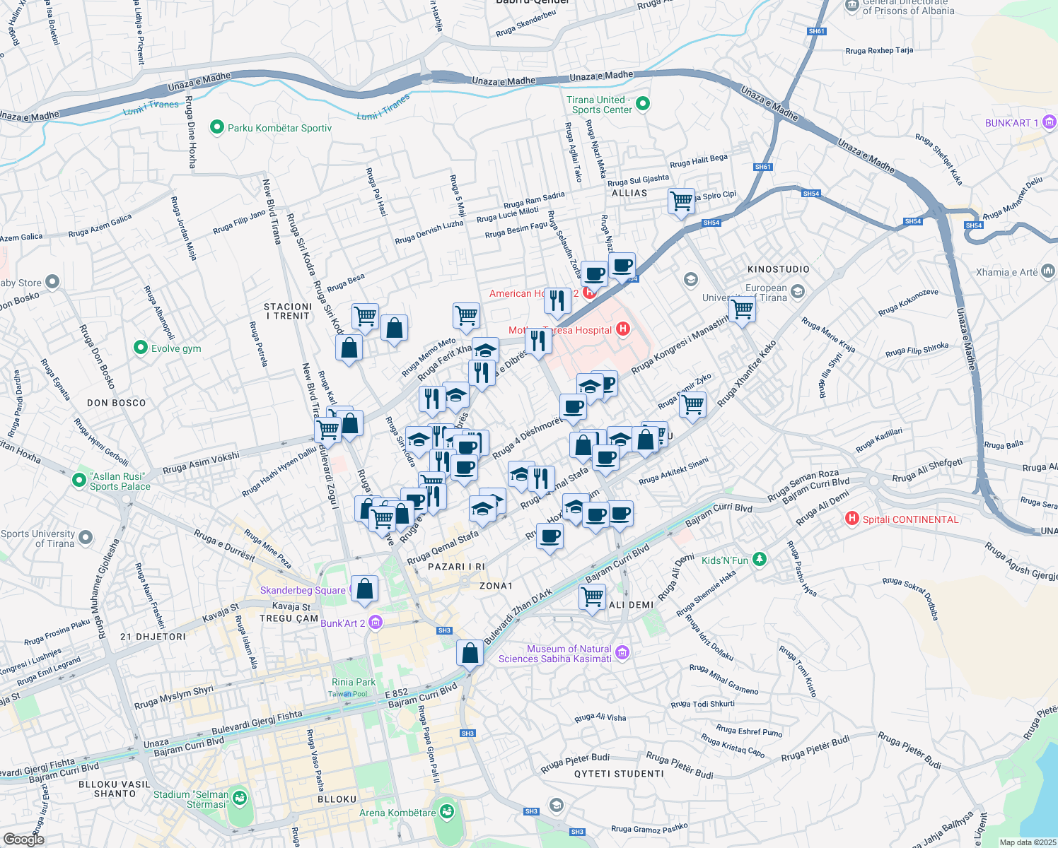 map of restaurants, bars, coffee shops, grocery stores, and more near Rruga Riza Cerova in Tirana