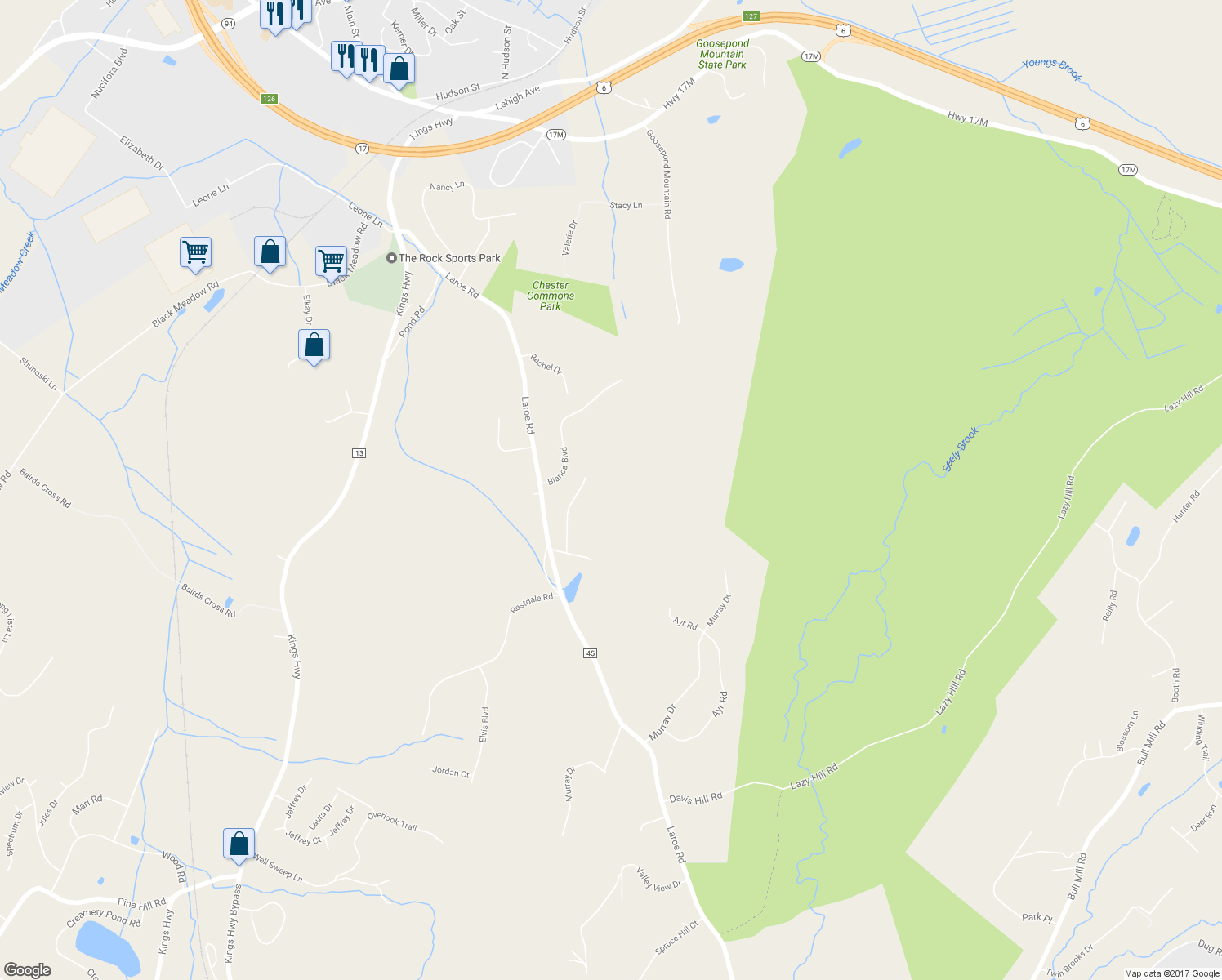 map of restaurants, bars, coffee shops, grocery stores, and more near 5 Vincent Drive in Chester