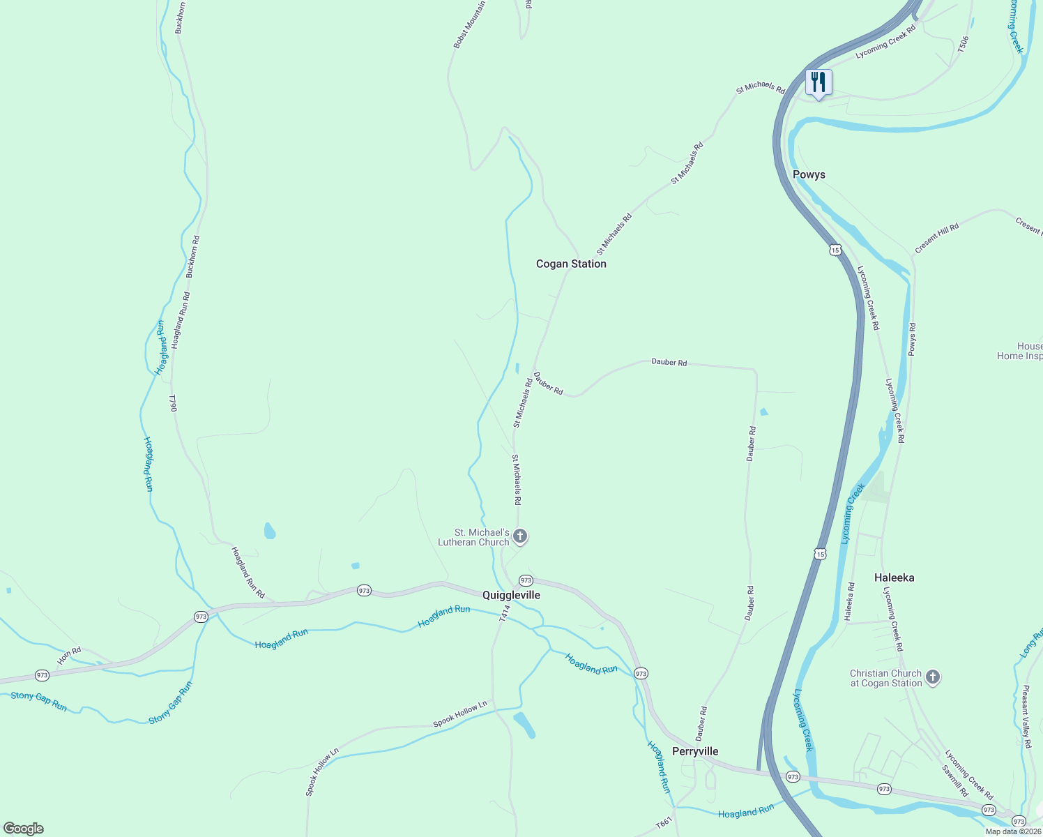 map of restaurants, bars, coffee shops, grocery stores, and more near 1491 Saint Michaels Road in Cogan Station