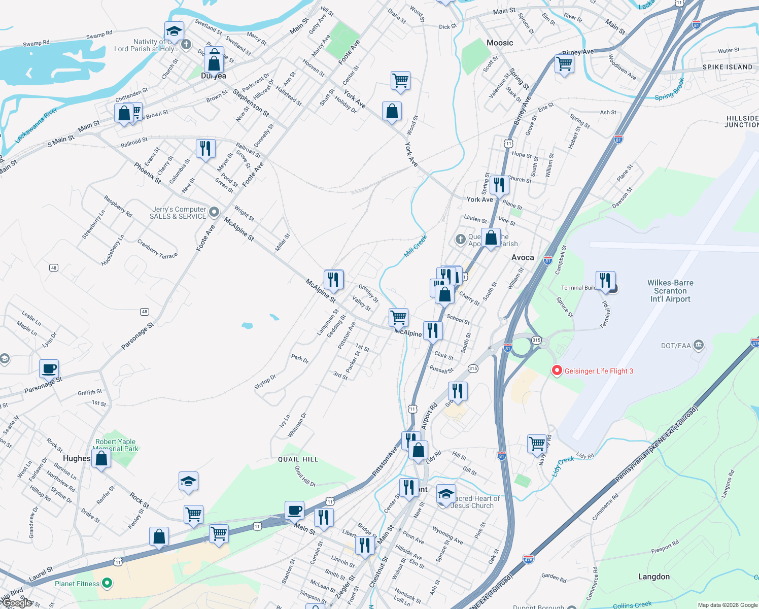 map of restaurants, bars, coffee shops, grocery stores, and more near 699 Greeley St in Avoca