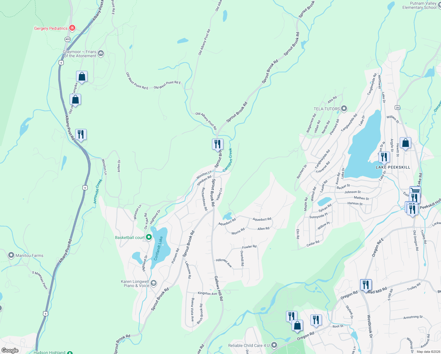 map of restaurants, bars, coffee shops, grocery stores, and more near 2 Brookside Drive in Putnam County