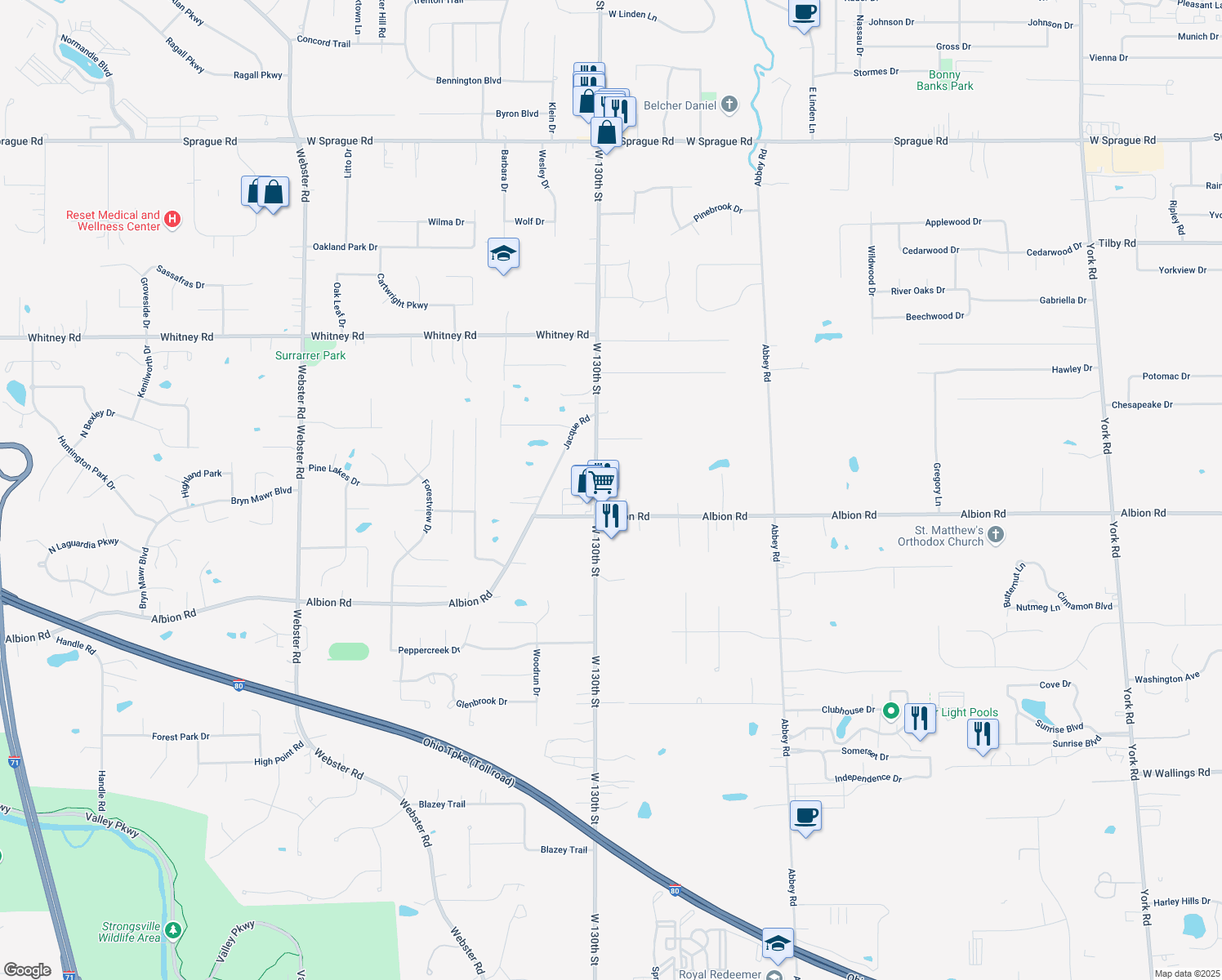 map of restaurants, bars, coffee shops, grocery stores, and more near 9957 West 130th Street in North Royalton