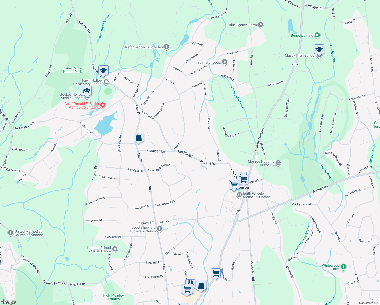 map of restaurants, bars, coffee shops, grocery stores, and more near 11 Deer River Lane in Monroe
