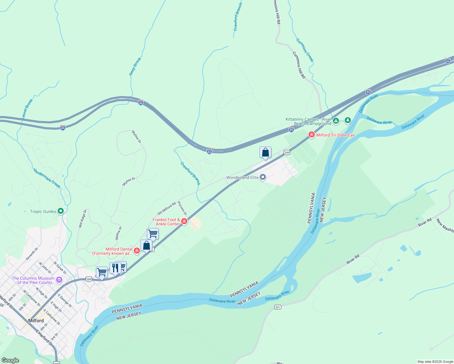 map of restaurants, bars, coffee shops, grocery stores, and more near Schneider Ln in Milford