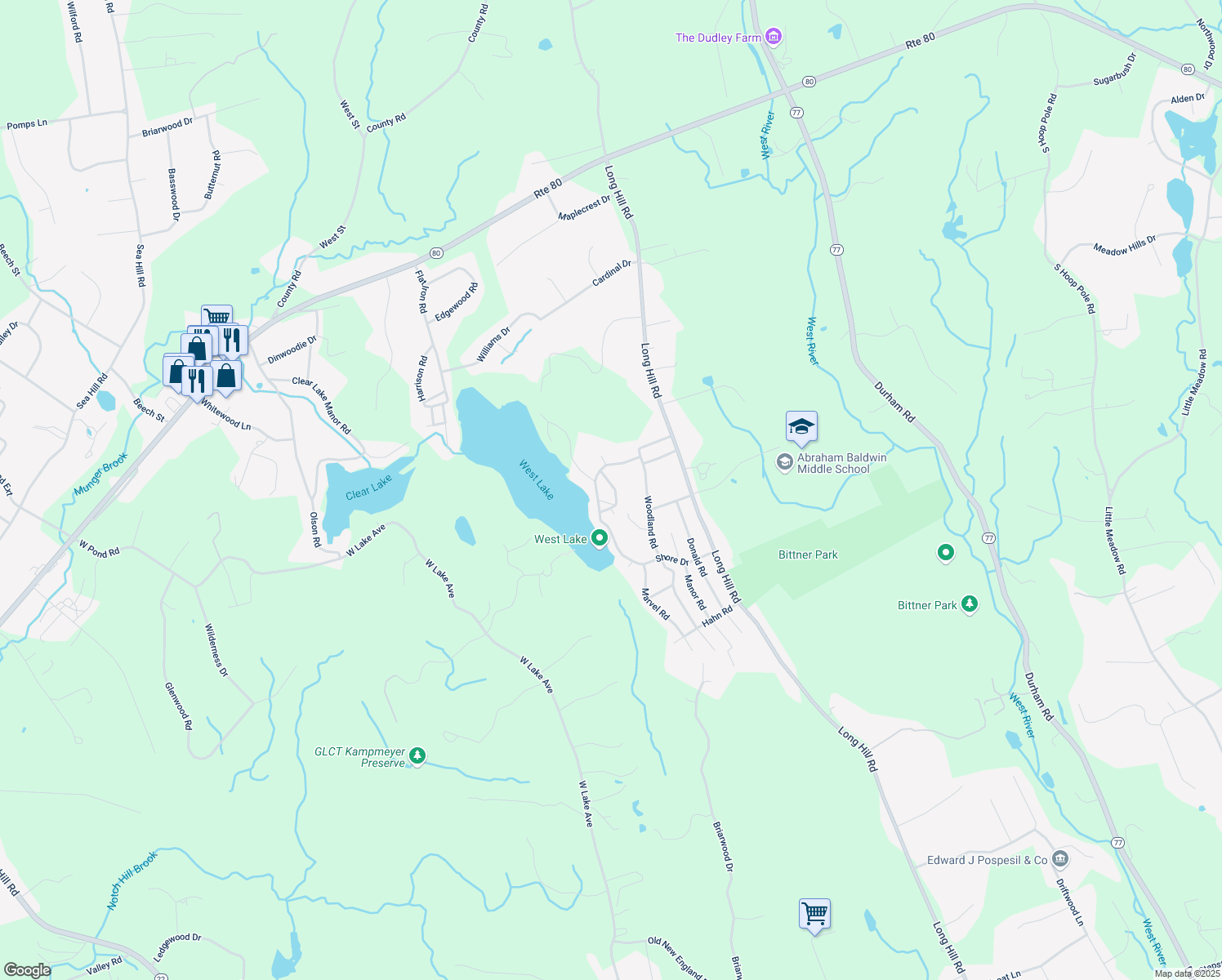 map of restaurants, bars, coffee shops, grocery stores, and more near 42 Mountain Trail in Guilford