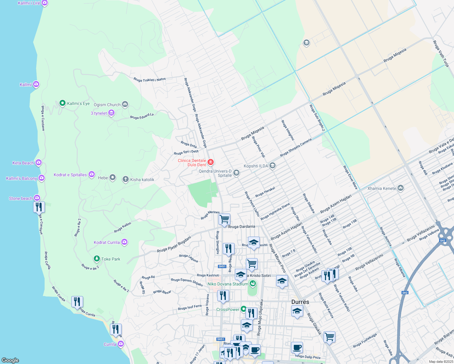 map of restaurants, bars, coffee shops, grocery stores, and more near Rruga Kuvendi Franceskan in Durrës