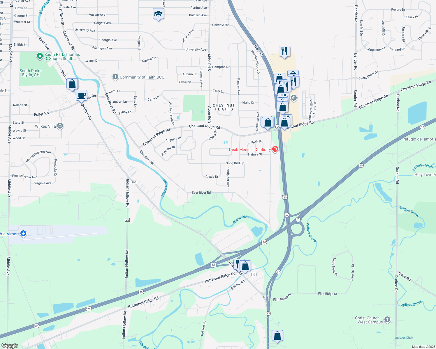 map of restaurants, bars, coffee shops, grocery stores, and more near 614 Alexis Dr in Elyria