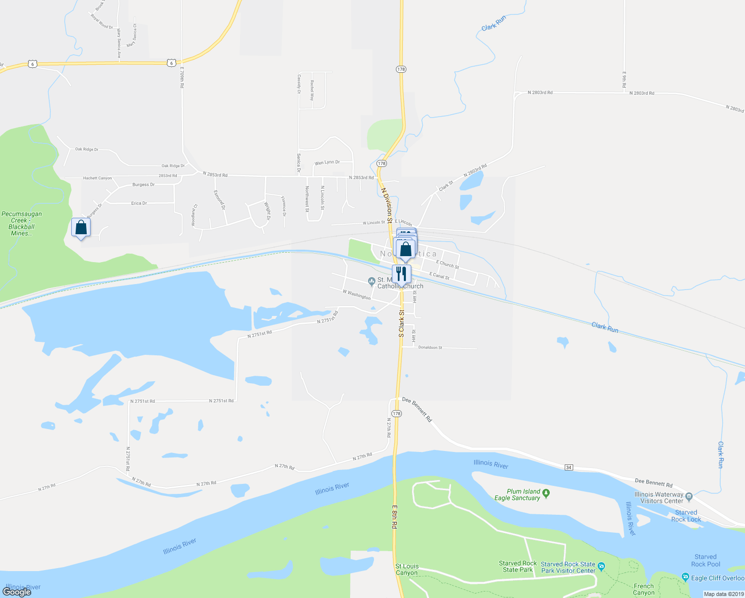 map of restaurants, bars, coffee shops, grocery stores, and more near 507 West Washington Street in North Utica