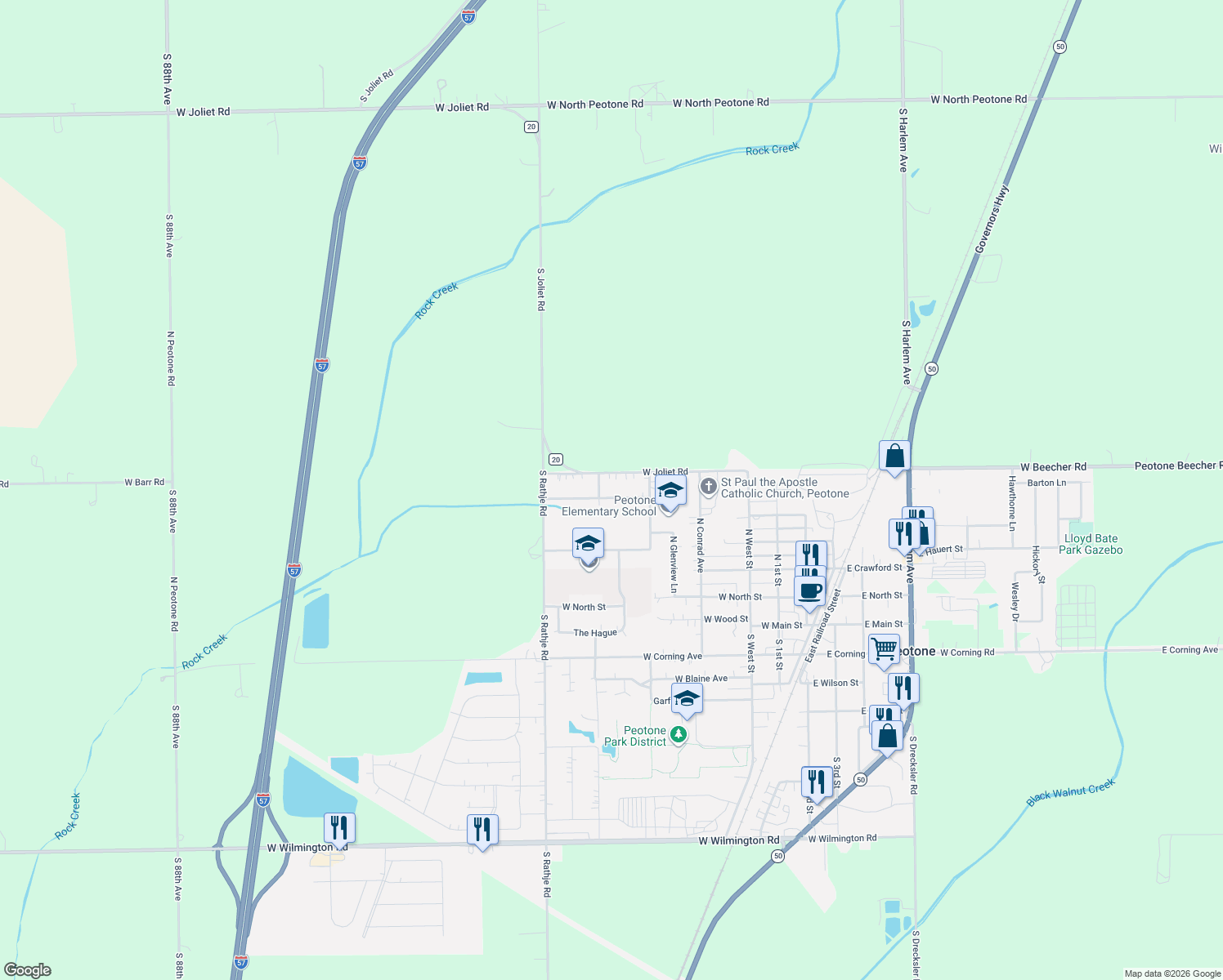 map of restaurants, bars, coffee shops, grocery stores, and more near 535 Oak Street in Peotone