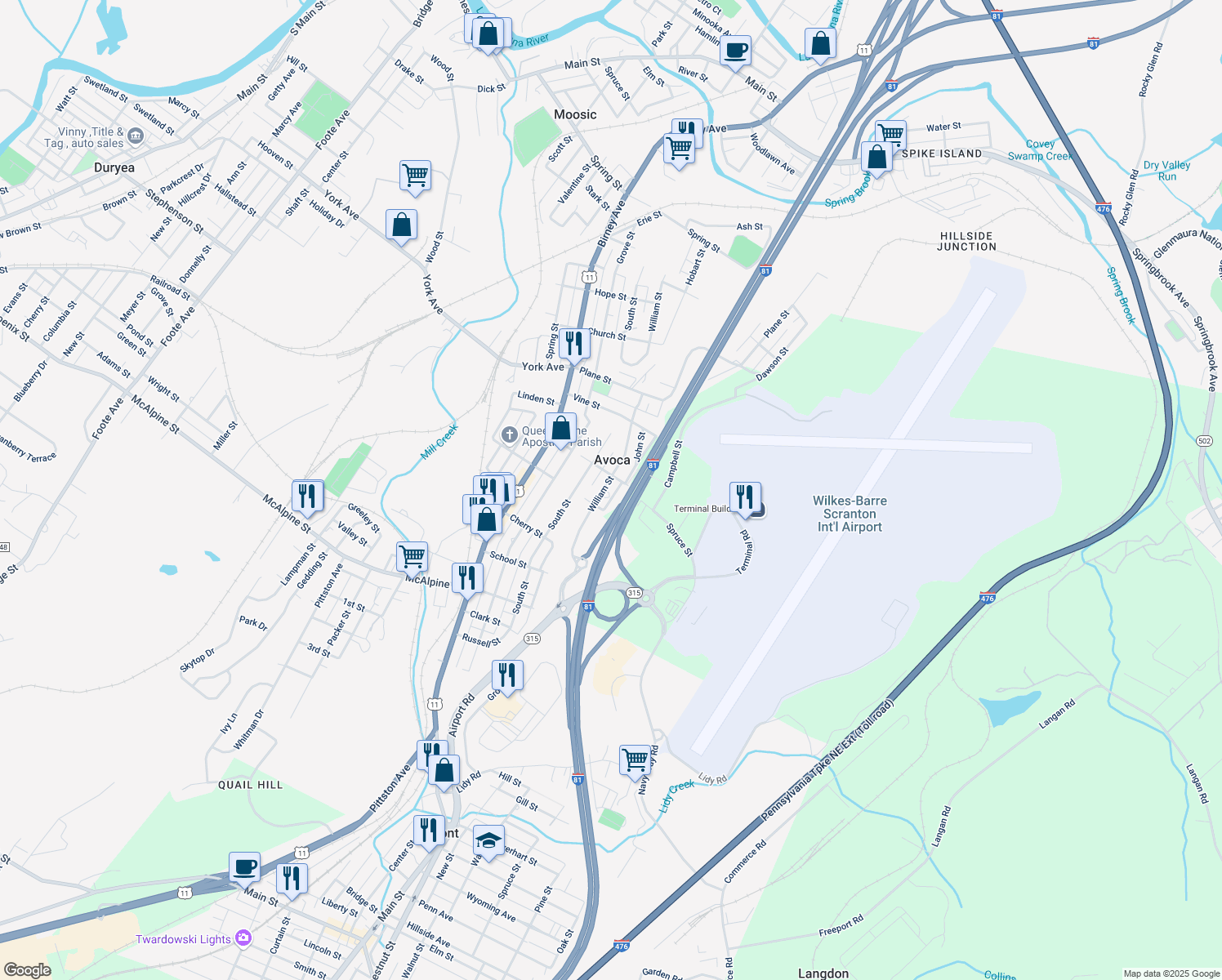 map of restaurants, bars, coffee shops, grocery stores, and more near 720 John St in Avoca