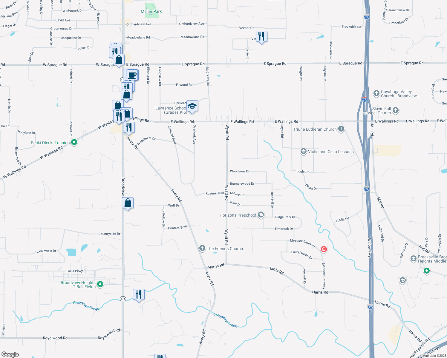 map of restaurants, bars, coffee shops, grocery stores, and more near 8352 Wyatt Road in Broadview Heights