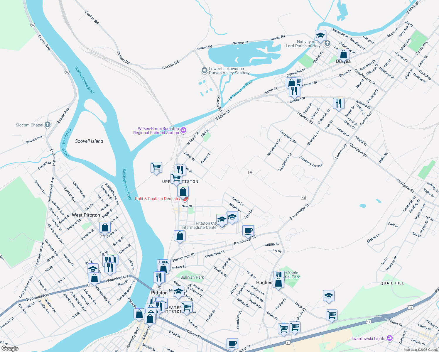 map of restaurants, bars, coffee shops, grocery stores, and more near 132 Union St in Pittston
