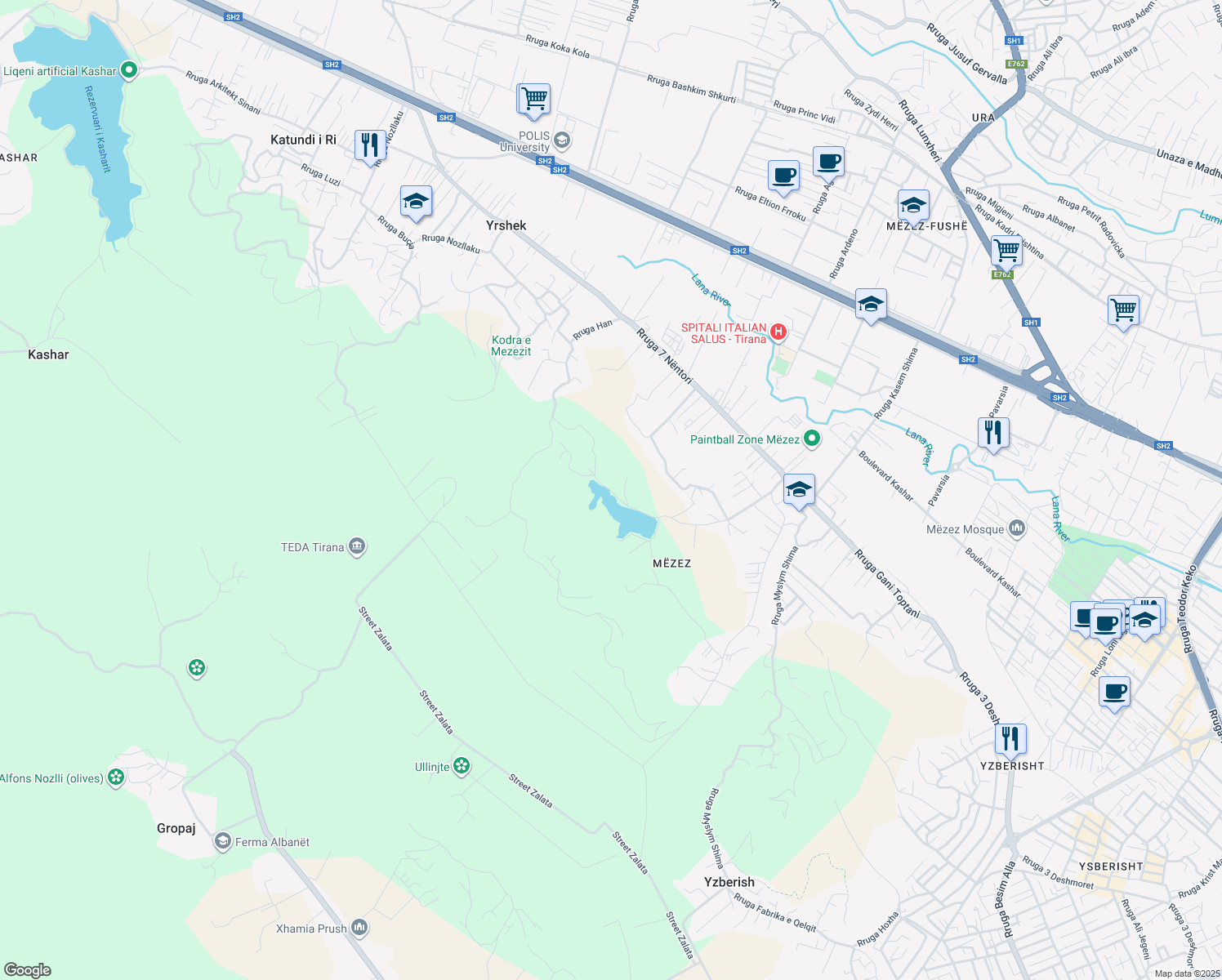 map of restaurants, bars, coffee shops, grocery stores, and more near rruga in Kashar
