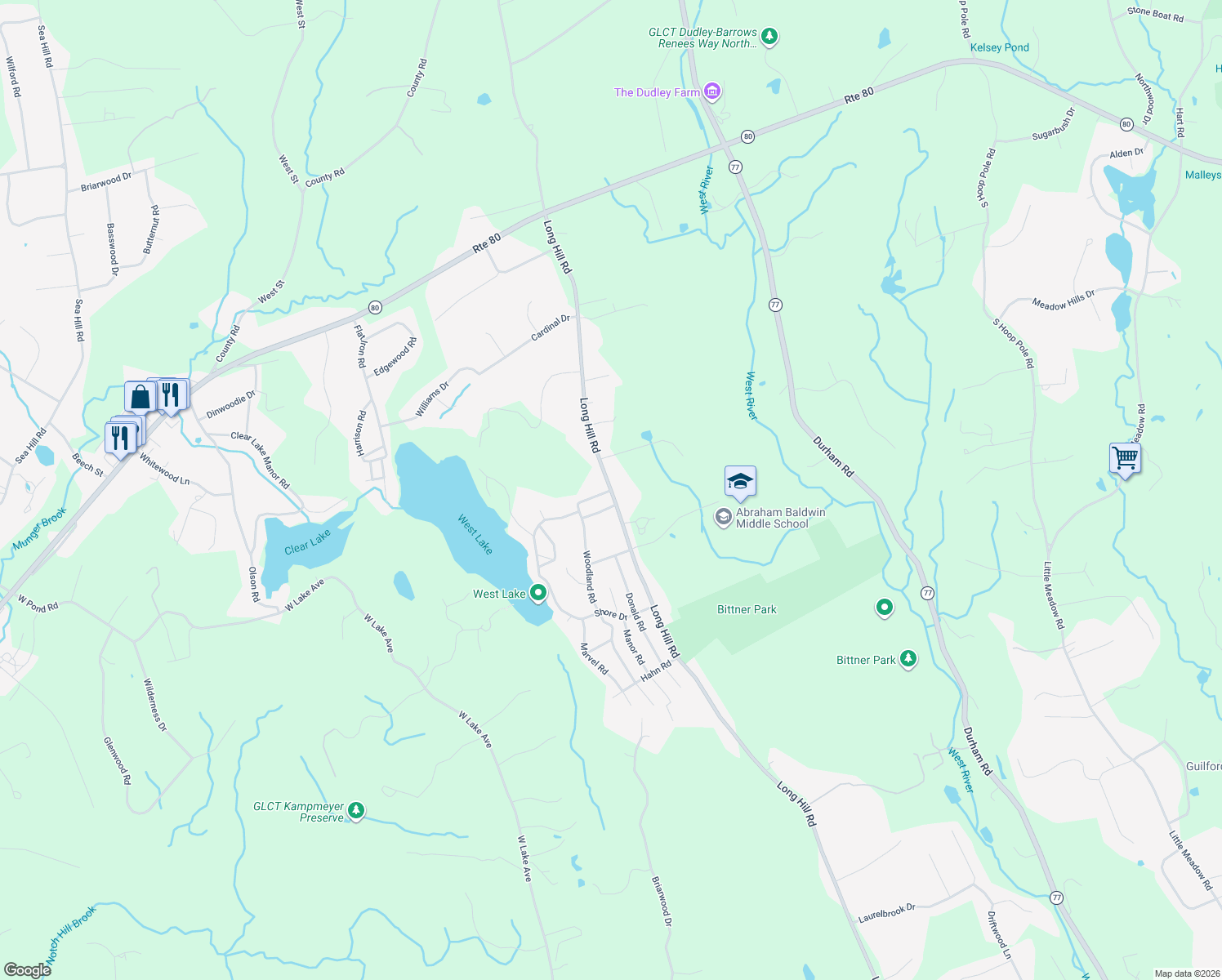 map of restaurants, bars, coffee shops, grocery stores, and more near 2101 Long Hill Road in Guilford