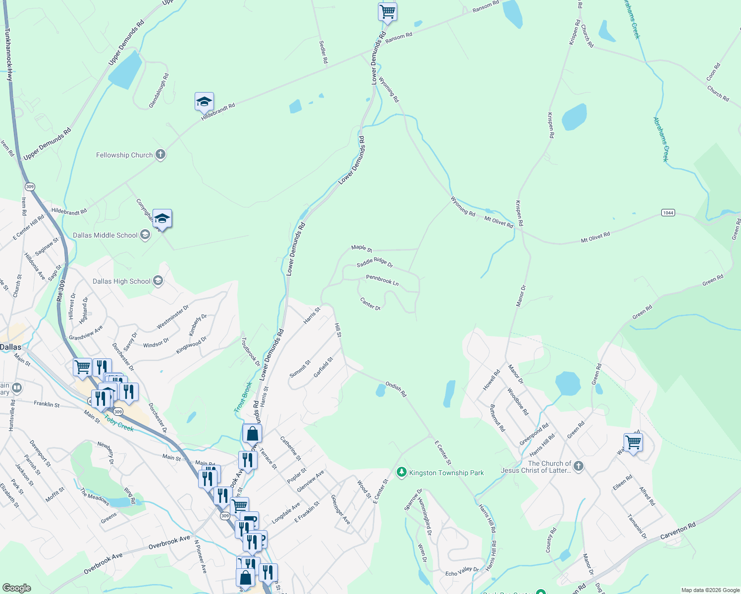 map of restaurants, bars, coffee shops, grocery stores, and more near 135 Saddle Ridge Drive in Dallas