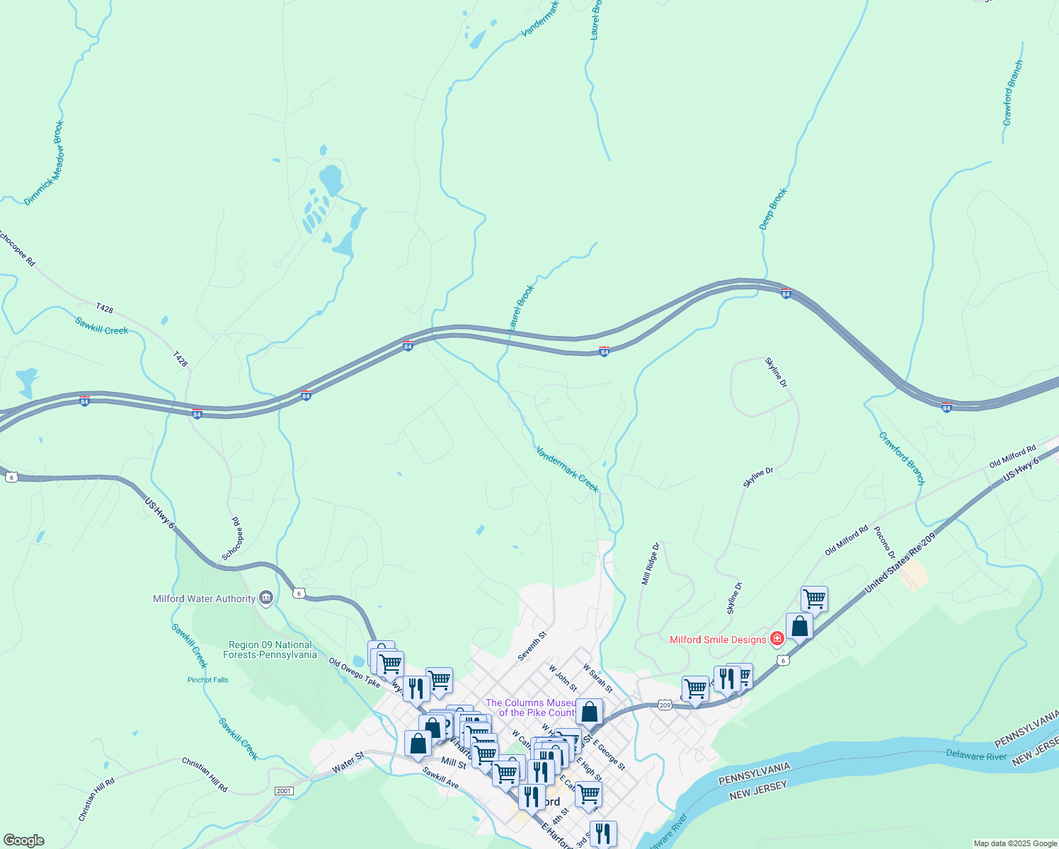map of restaurants, bars, coffee shops, grocery stores, and more near Kern Lane in Milford