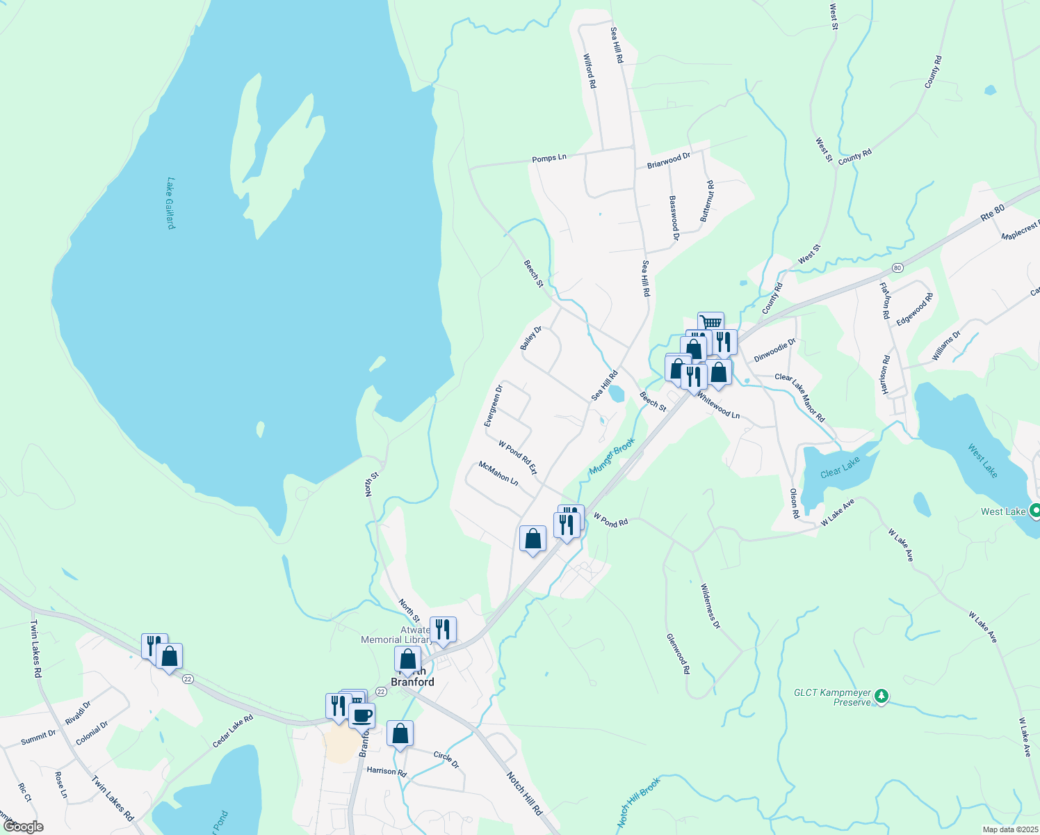 map of restaurants, bars, coffee shops, grocery stores, and more near 4 Dogwood Road in North Branford