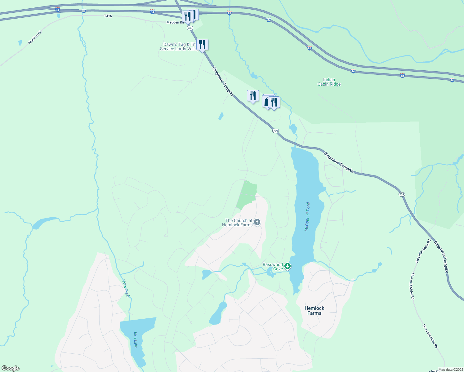 map of restaurants, bars, coffee shops, grocery stores, and more near 119 Overlook Lane in Hawley