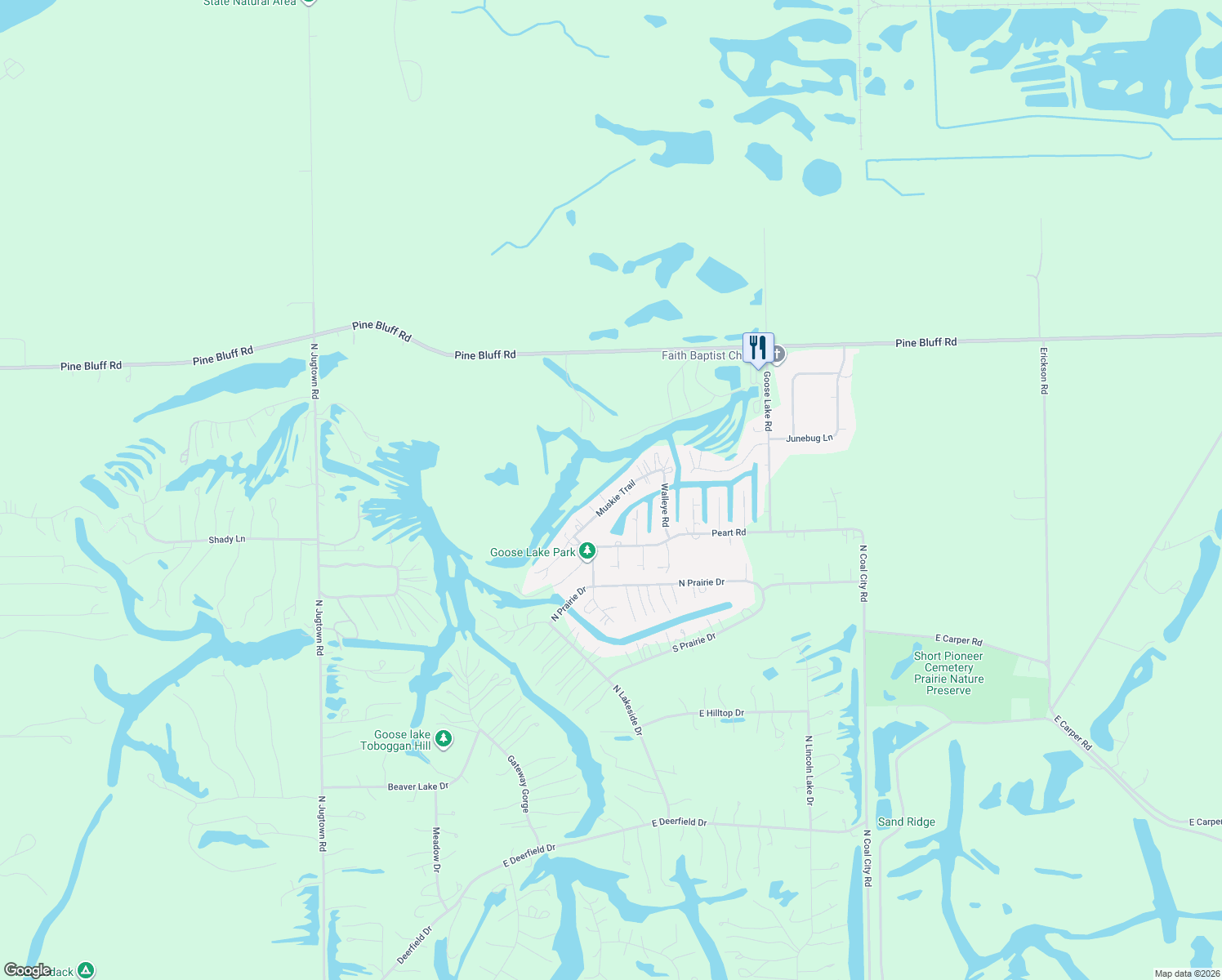map of restaurants, bars, coffee shops, grocery stores, and more near 5820 Muskie Trail in Morris