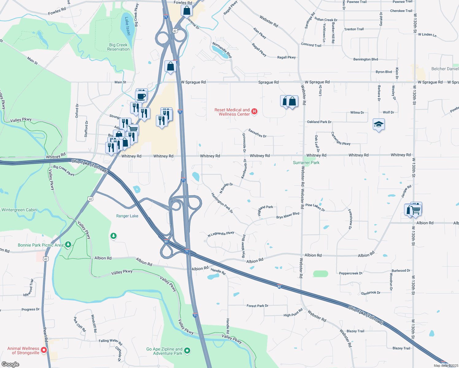 map of restaurants, bars, coffee shops, grocery stores, and more near 9546 North Bexley Drive in Strongsville