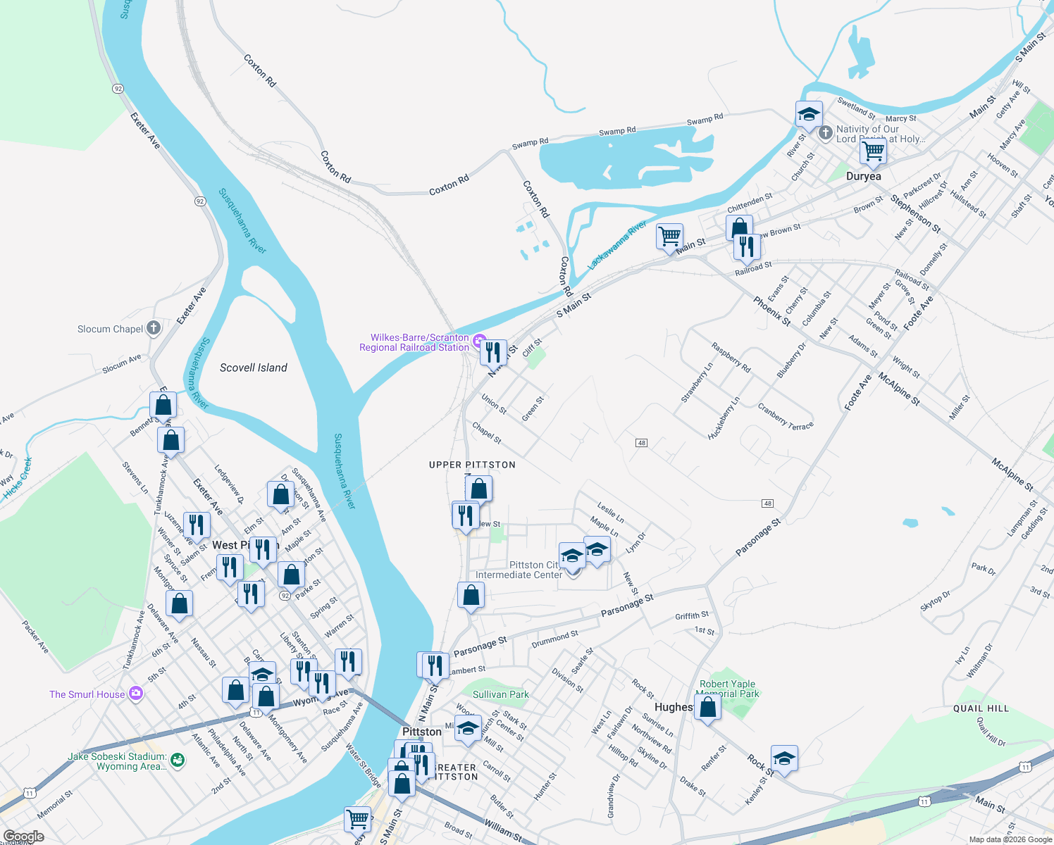 map of restaurants, bars, coffee shops, grocery stores, and more near 62 Thistle Street in Pittston