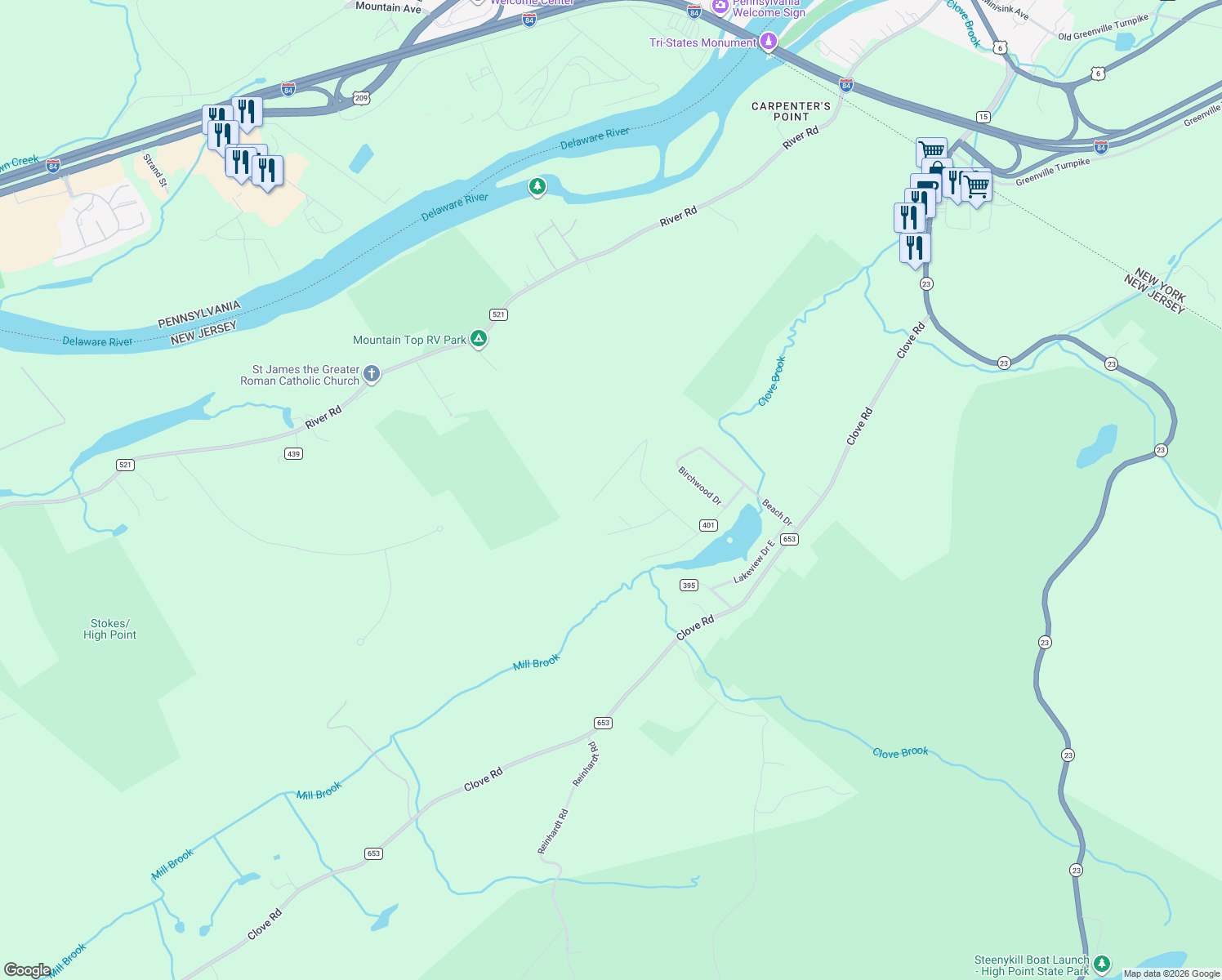 map of restaurants, bars, coffee shops, grocery stores, and more near 21 Mountaintop Road in Montague