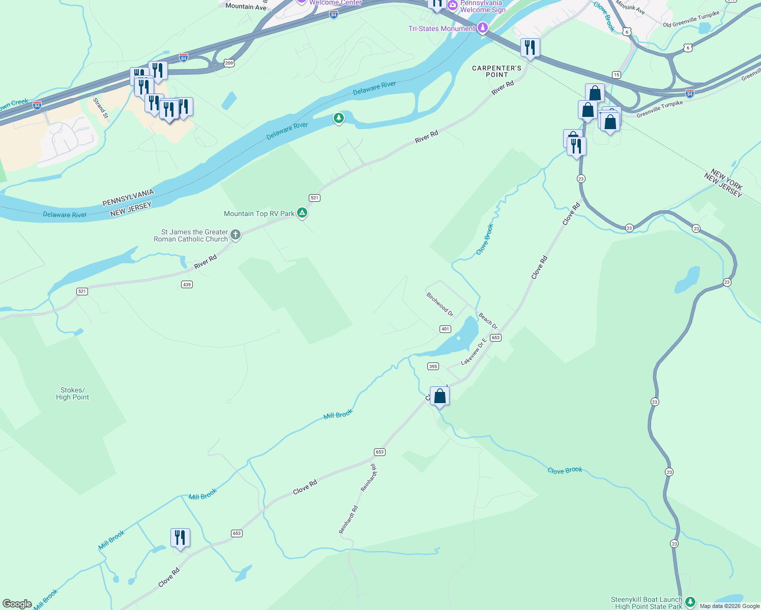 map of restaurants, bars, coffee shops, grocery stores, and more near 21 Mountaintop Road in Montague