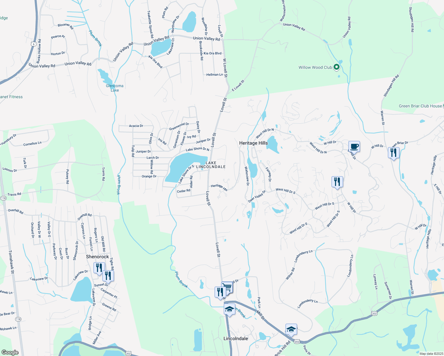 map of restaurants, bars, coffee shops, grocery stores, and more near 717 Heritage Hills in Lincolndale