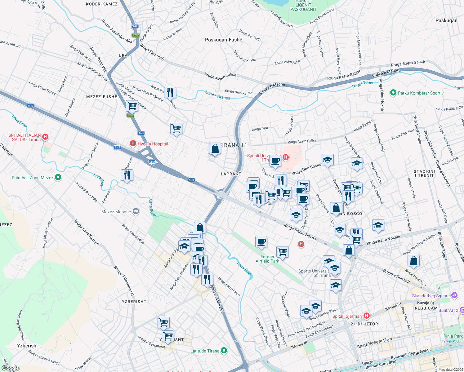map of restaurants, bars, coffee shops, grocery stores, and more near Rruga Vangjel Noti in Tirana