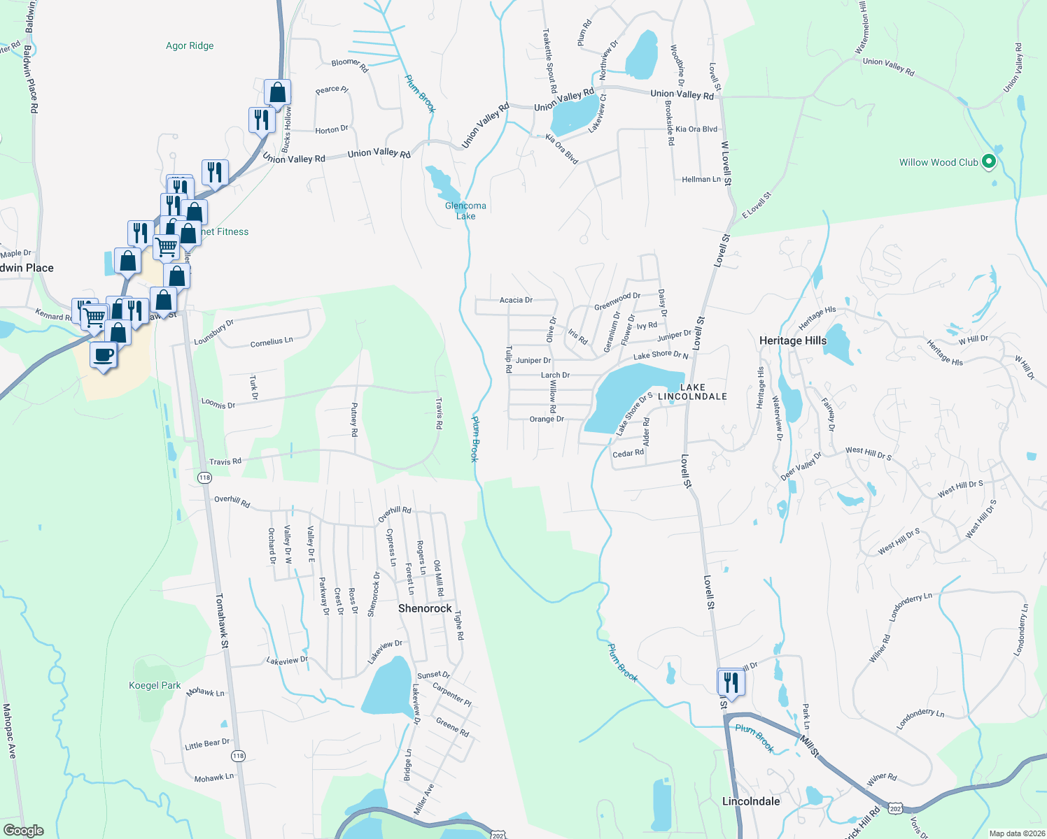 map of restaurants, bars, coffee shops, grocery stores, and more near 4 Tamarack Rd in Lincolndale