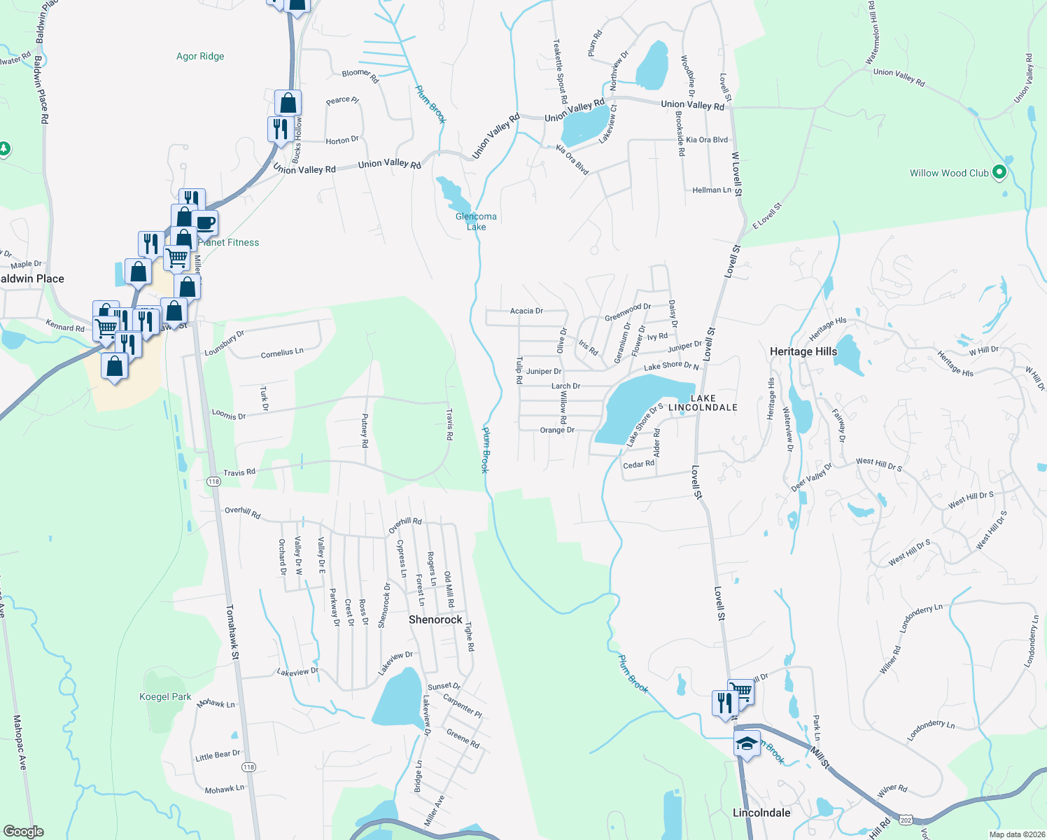 map of restaurants, bars, coffee shops, grocery stores, and more near 21 Myrtle Drive in Mahopac