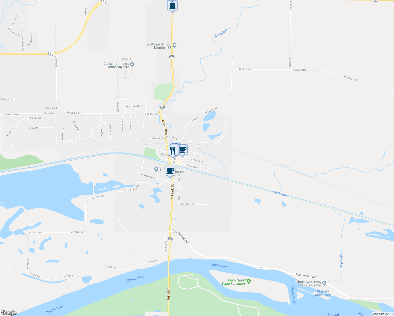 map of restaurants, bars, coffee shops, grocery stores, and more near 314 East Church Street in North Utica