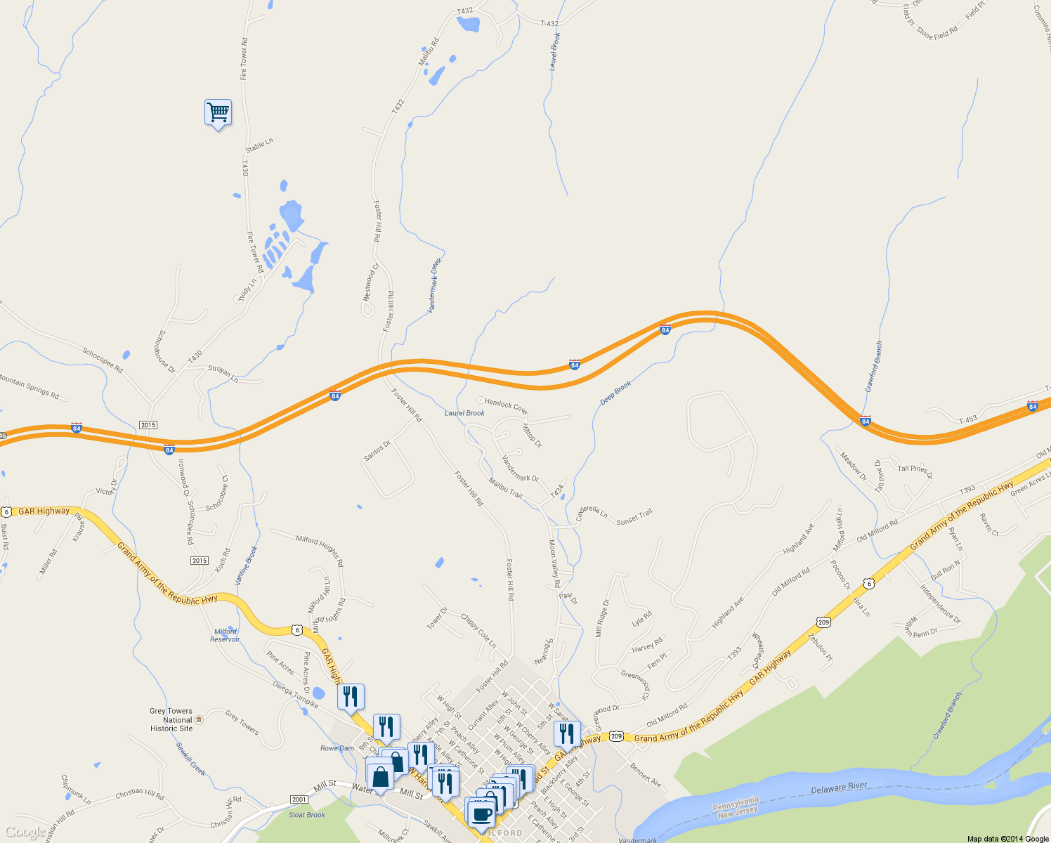 map of restaurants, bars, coffee shops, grocery stores, and more near 198 Vandermark Dr in Milford