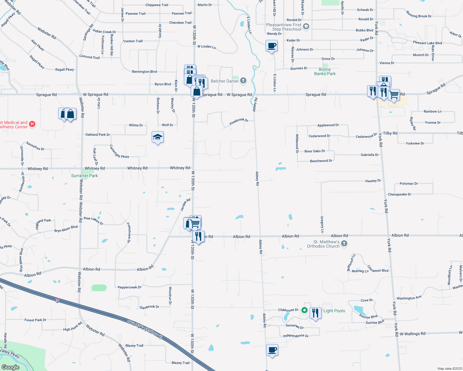 map of restaurants, bars, coffee shops, grocery stores, and more near 12709 Patricia Dr in North Royalton