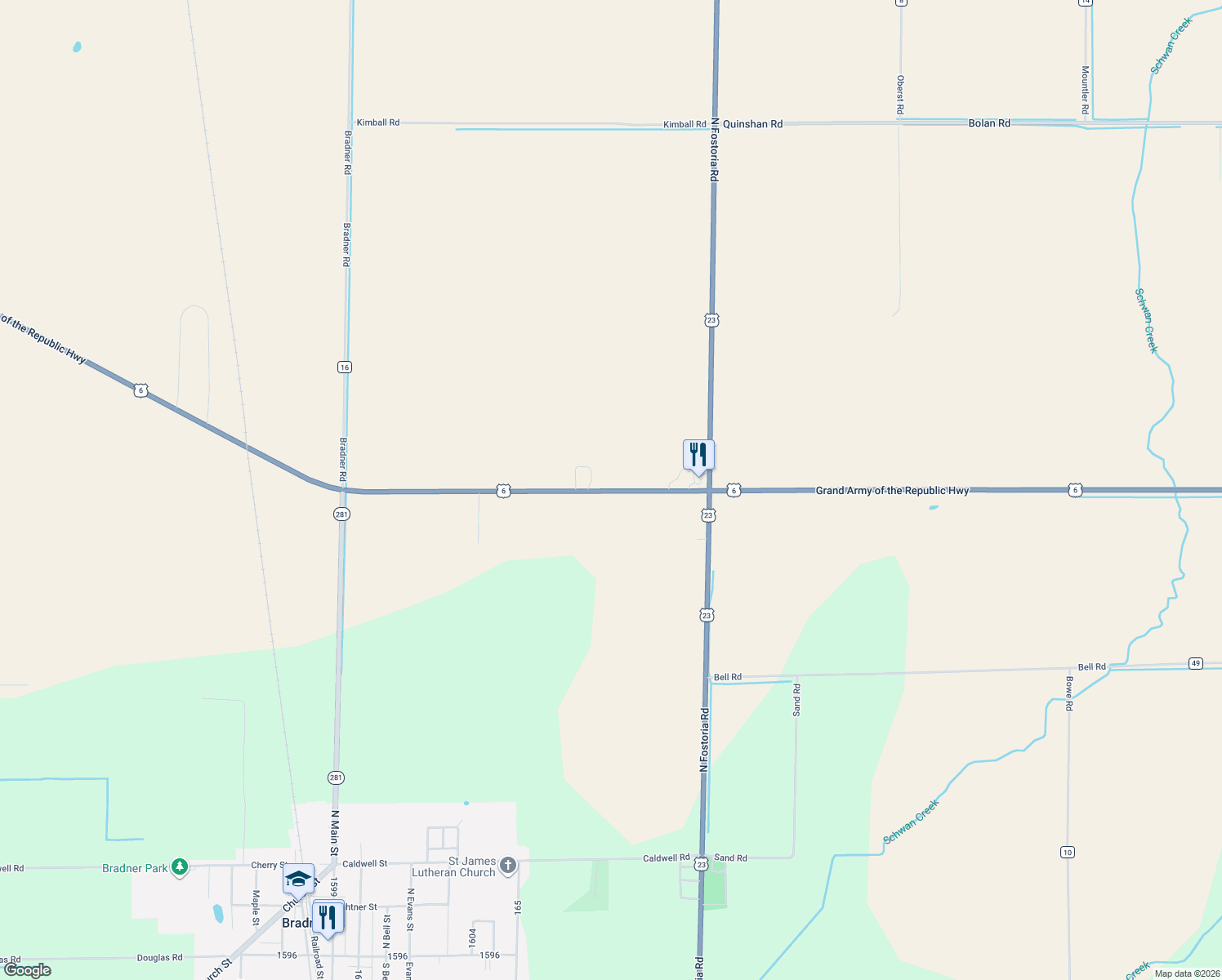 map of restaurants, bars, coffee shops, grocery stores, and more near 1448 Grand Army of the Republic Hwy in Gibsonburg
