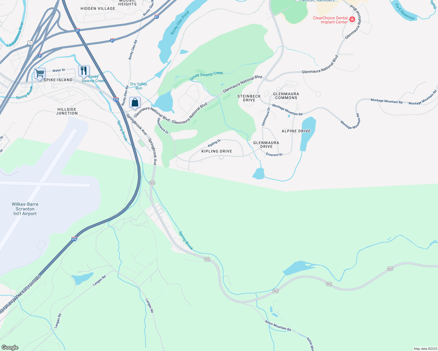 map of restaurants, bars, coffee shops, grocery stores, and more near 105 In The Deed in Moosic