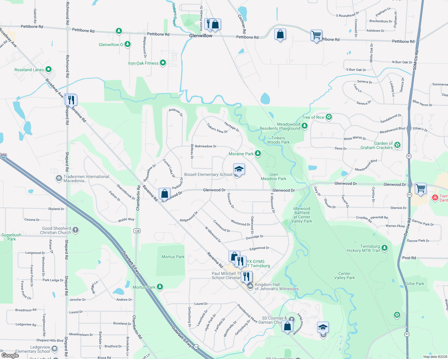 map of restaurants, bars, coffee shops, grocery stores, and more near 10006 Serene Ct in Twinsburg