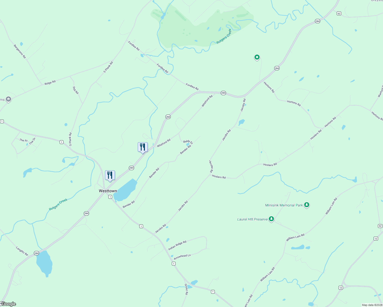 map of restaurants, bars, coffee shops, grocery stores, and more near 94 Bender Road in Westtown