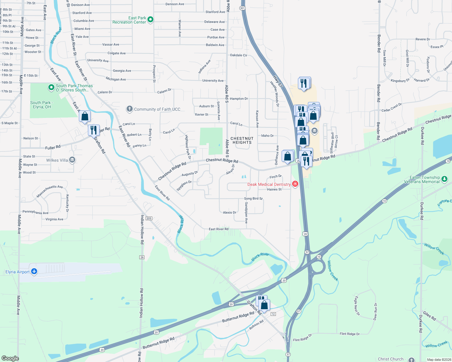 map of restaurants, bars, coffee shops, grocery stores, and more near 396 Pemberton Dr in Elyria