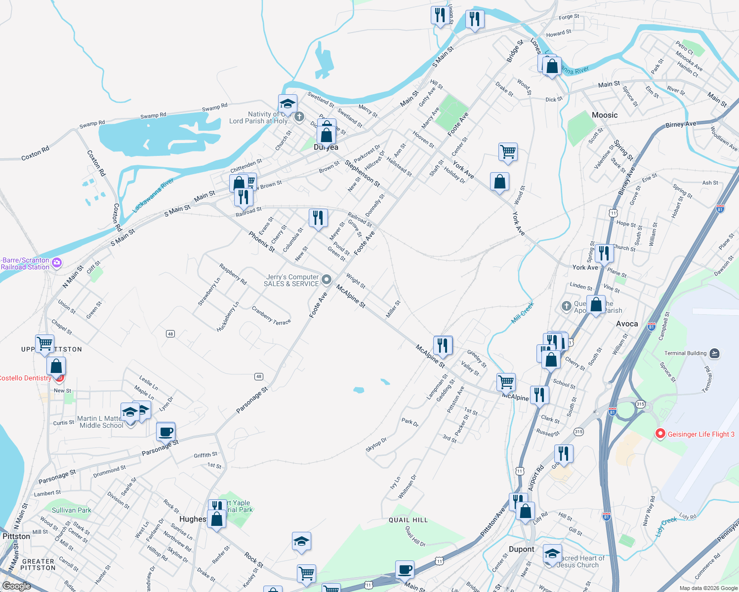 map of restaurants, bars, coffee shops, grocery stores, and more near 200 Mitchell St in Duryea