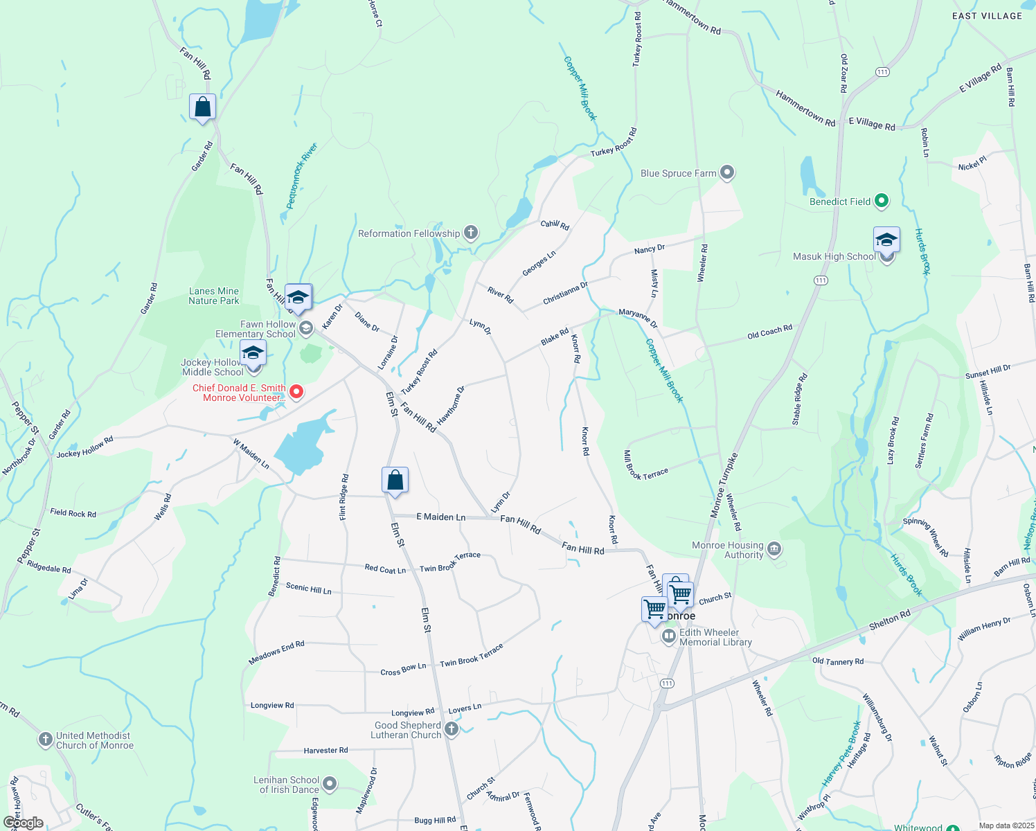 map of restaurants, bars, coffee shops, grocery stores, and more near 107 Lynn Drive in Monroe
