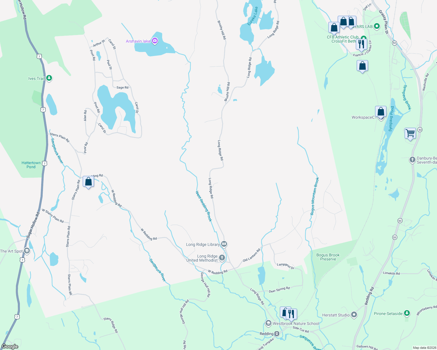 map of restaurants, bars, coffee shops, grocery stores, and more near 146 Long Ridge Road in Danbury